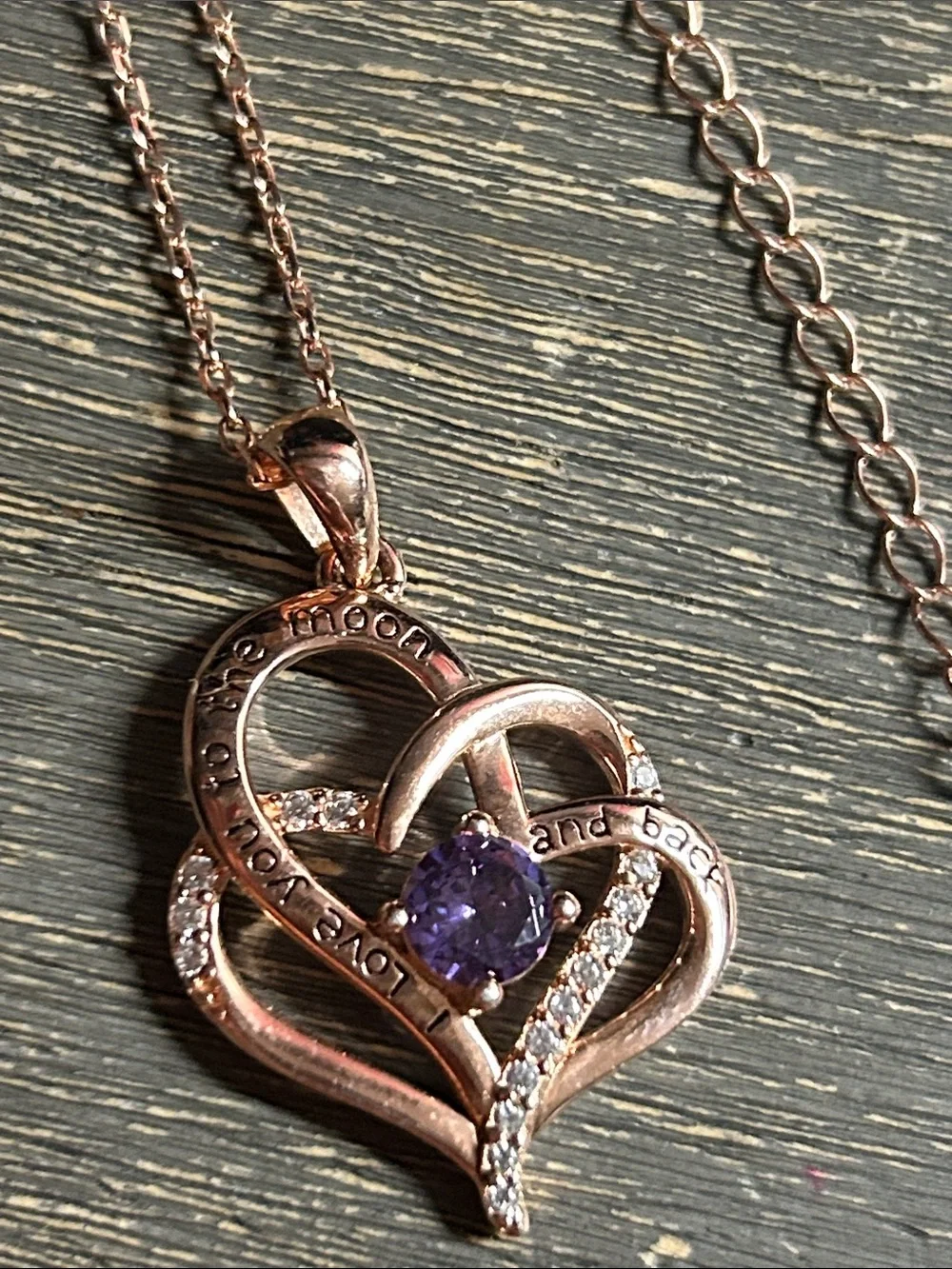 Rose Gold Plated Sterling Silver Heart Pendant Necklace with Purple Gem